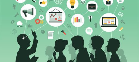 Business meeting with communication icons