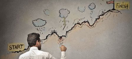 Businessman illustrating journey challenges on wall