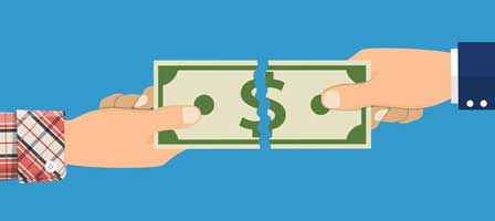 Two people splitting a dollar bill