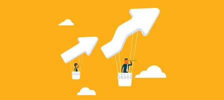 Business growth arrows with people in baskets