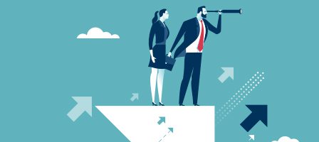 Professionals standing on arrow with vision