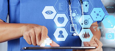 Healthcare professional with tablet and icons