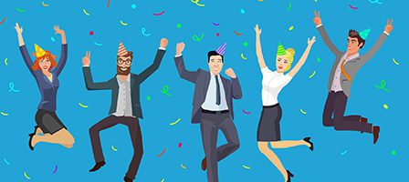 People celebrating with party hats and confetti