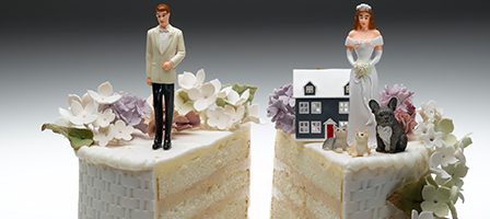 Bride and groom on separate cake slices