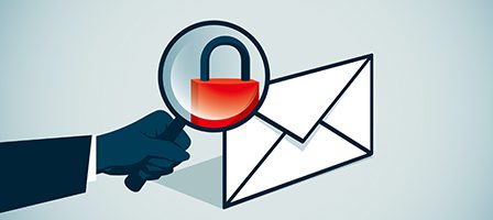 Magnifying glass over padlock and envelope