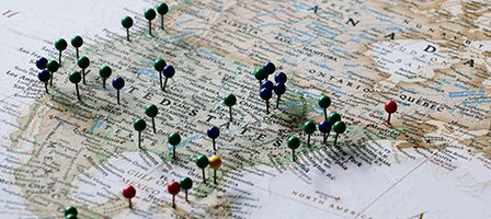 Map with colorful pins marking locations