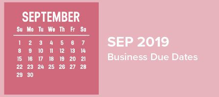 September 2019 calendar with business due dates.