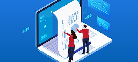 Business professionals examining digital charts