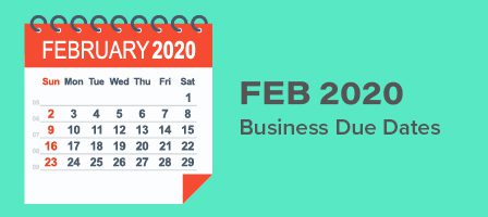 February 2020 calendar with business due dates.