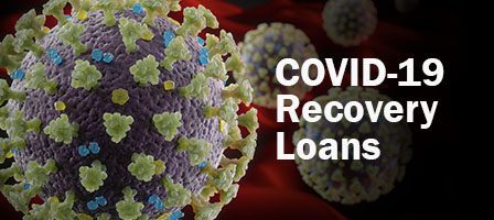 Coronavirus illustration with COVID-19 recovery loans text.