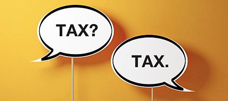 Dialogue about tax in bubbles on orange backdrop