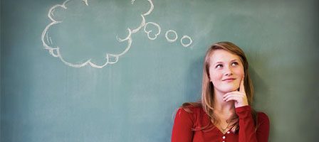 Woman thinking with chalk thought bubble