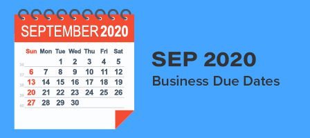 September 2020 calendar with business due dates.