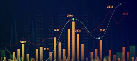 Colorful bar and line graph on dark background