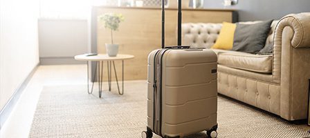 Beige luggage beside a couch