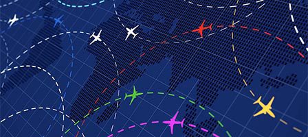 Airplanes flying over digital world map