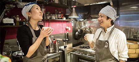 Chefs enjoying coffee in kitchen