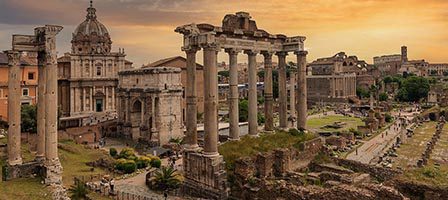 Ruins of ancient Rome under orange sky