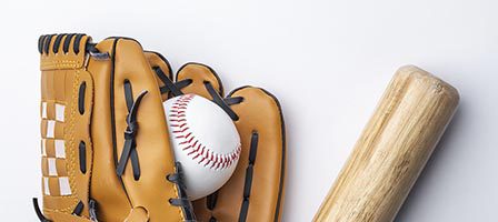 Sports equipment: baseball glove, ball, bat