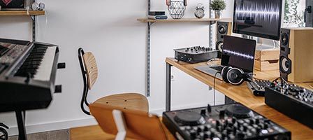 Music production studio with equipment