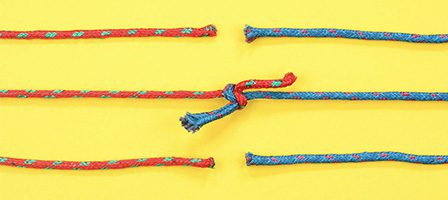 Red and blue cords with knot