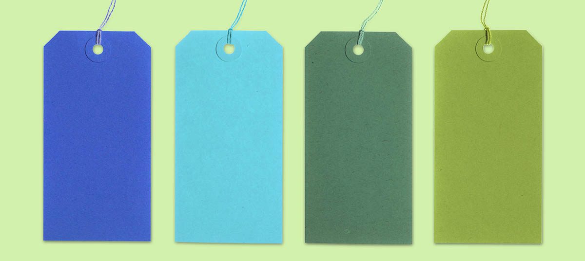 Assorted colored tags with strings attached