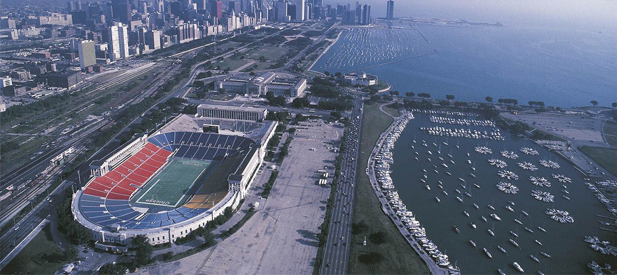 Aerial view of urban waterfront scene