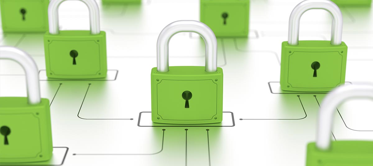 Multiple green padlocks symbolizing data security