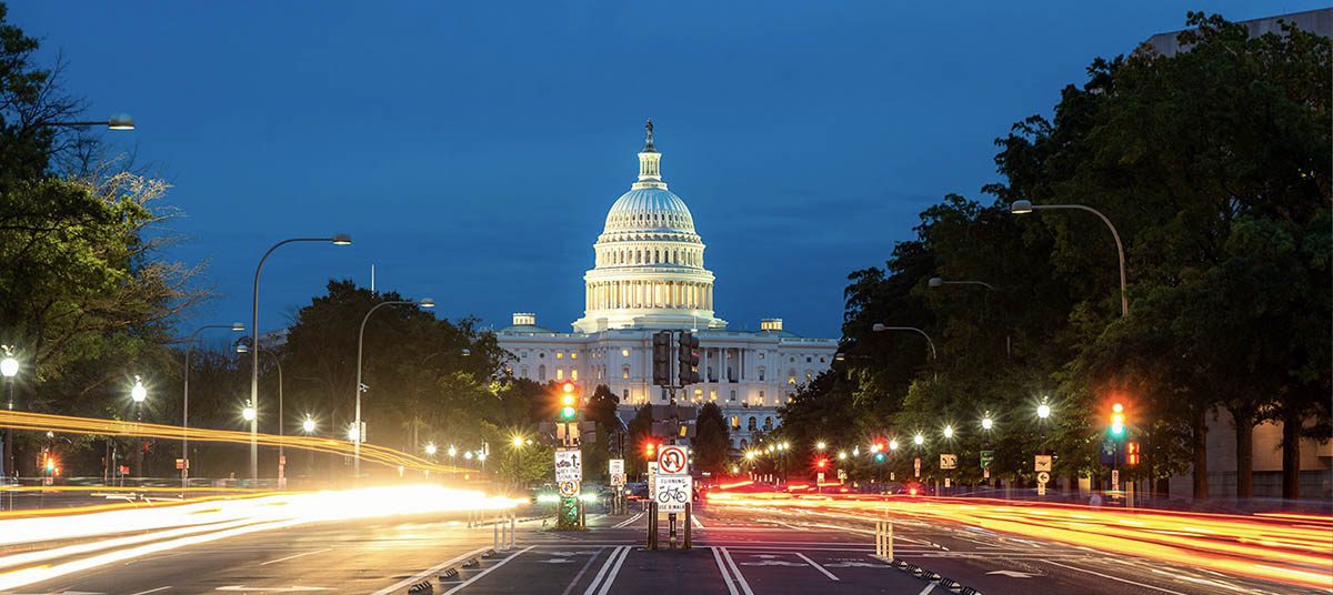 Washington D.C. Capitol illuminated at dusk