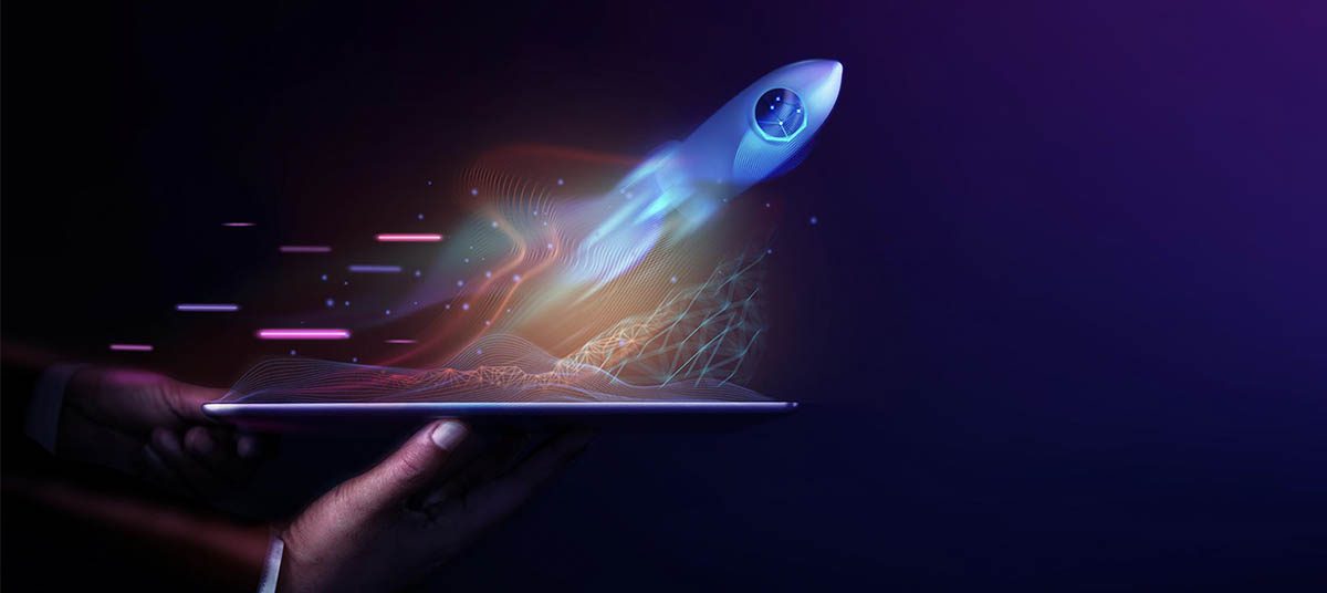 Digital transformation concept with rocket launch