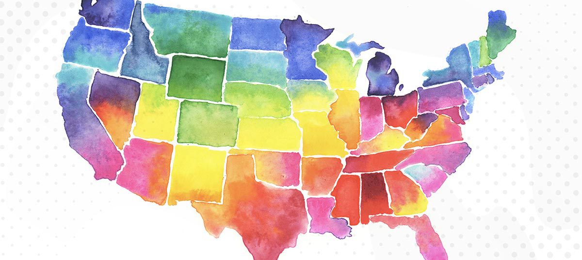 Colorful watercolor map of the United States