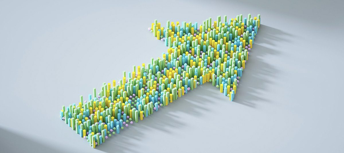 Upward arrow formed by colorful cylinders