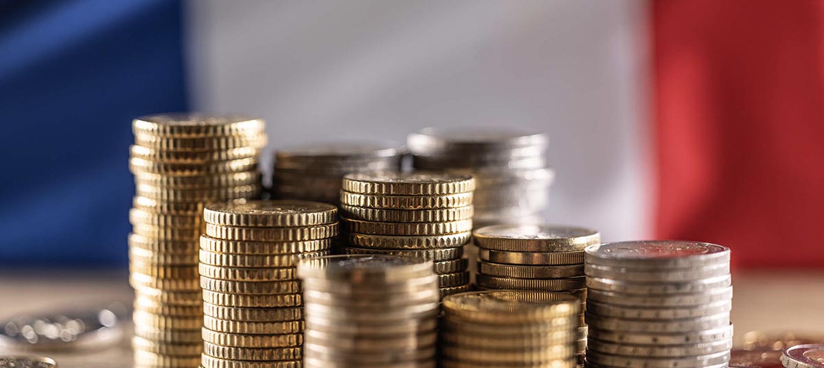 Stacks of coins with French flag background