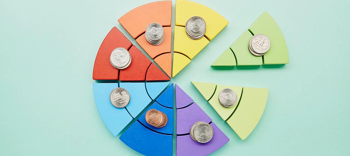 Colorful pie chart with coins