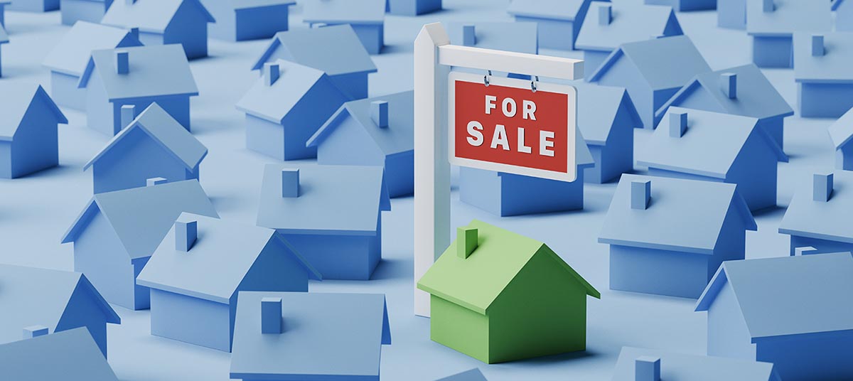 Green house among blue houses, for sale