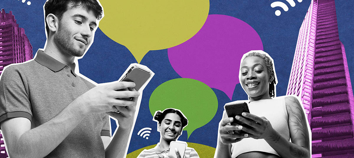 Group texting with vibrant background