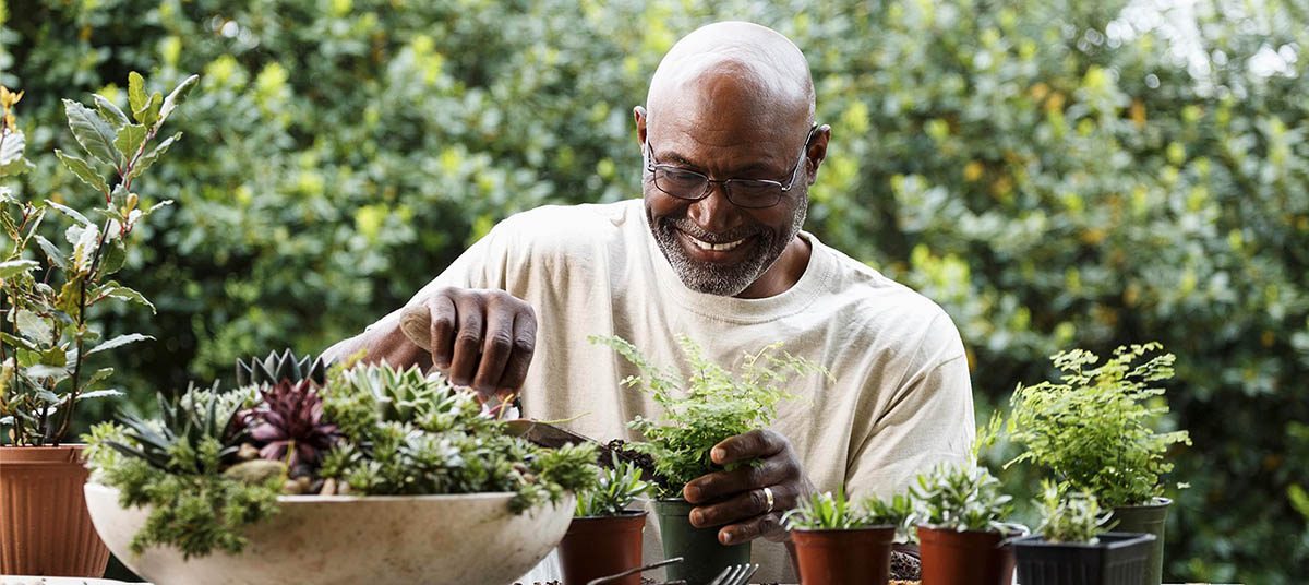 Man happily gardening with various plants