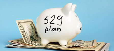 Piggy bank labeled 529 Plan on cash
