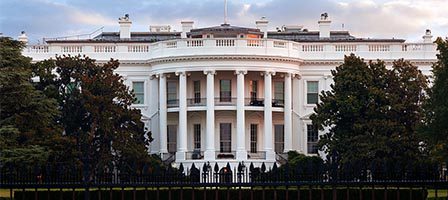 Historic government building at sunset