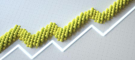 Yellow spheres forming upward trend line