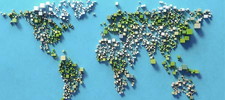 Pixelated world map on blue background