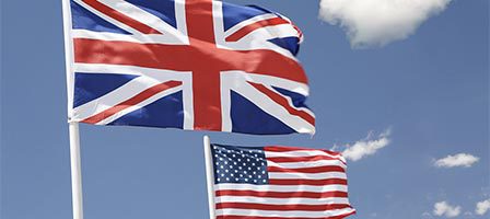 British and American flags waving together