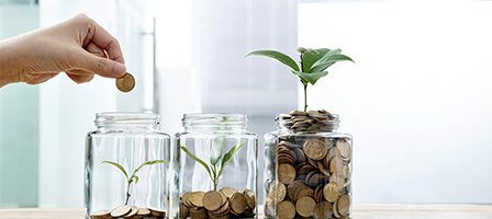 Growing savings with coins in jars